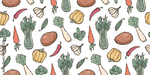 Vegetables doodle background. Fresh vegetable pattern background. Rough sketch vegetable seamless pattern for packaging. Hand drawn pattern elements of potato, pepper, lettuce, radish and more.