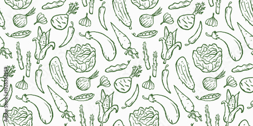 Vegetables doodle background. Fresh vegetable pattern background. Rough sketch vegetable seamless pattern for packaging. Hand drawn pattern elements of cabbage, corn, eggplant, radish and more.