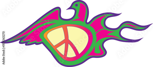 Flaming Eagle Peace Symbol Colorful Hippie Sign Isolated on Transparent Background PNG