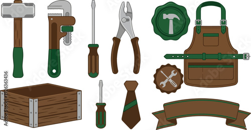 Father's Day workshop elements with sledgehammer pipe wrench pliers tool crate in deep forest green chocolate brown silver for rustic handyman branding design