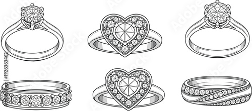 Diamond, rings, jewelry, illustration, engagement, wedding, luxury, elegant, gemstone, accessories, romantic, decorative, fashion, sketch, outline, collection, sparkling, ornate, classic, design
