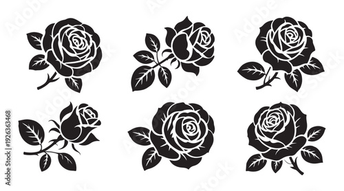 Set of six rose flower silhouettes with leaves isolated on white background beautiful floral decorative elements