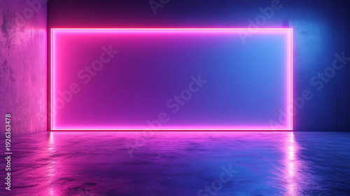 Vibrant Neon Rectangle Frame In Dark Futuristic Room With Reflective Floor.