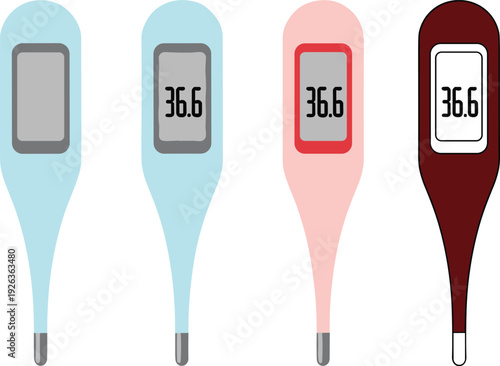 Digital thermometer collection illustration showing body temperature measurement medical healthcare device fever check clinical hygiene monitoring diagnostic equipment concept