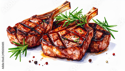 Watercolor painting of grilled veal chops with rosemary sprigs, hand-drawn, isolated on white, meat