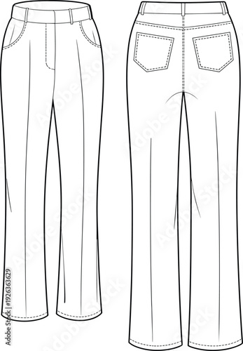 Flat vector CAD drawing of women’s straight leg pants, front and back view, waistband, pockets, seams, fashion technical sketch