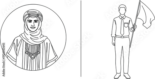 Arab Woman Portrait in Hijab and Man Holding Flag Line Art Illustration for Cultural Identity, National Pride, and Middle Eastern People Concept