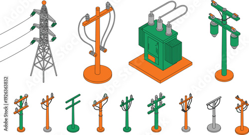 Electric power transmission equipment illustration, utility poles transformer pylons distribution network infrastructure electricity engineering industrial energy vector icon collection