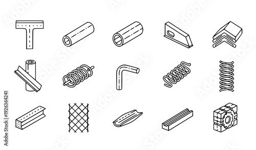 Metal Products Linear Icon Set Fabrication Raw Materials Parts Editable Stroke Vector on White Background