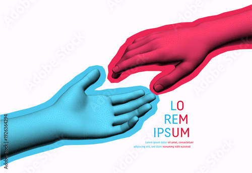 Hands reaching towards each other. Concept of human relation, togetherness or  partnership. 3D vector illustration. Design for banner, flyer, poster, sticker, cover or brochure.