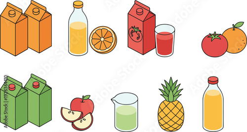 Fresh fruit juice collection illustration showing beverage cartons bottles citrus tomato pineapple apple healthy drink nutrition refreshment organic liquid variety