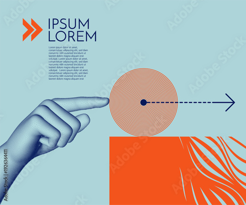 The index finger of the hand points at a target with an arrow in the direction away from it. Space for text. Business concept of the process of management, direction towards a goal or control. Vector.