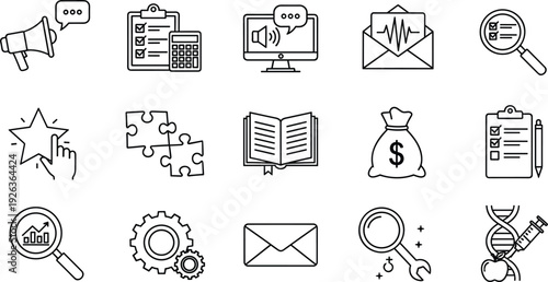 Business and Marketing Line Icon Set with Megaphone, Analytics, Email, Finance, Gear, Book, and Communication Symbols Vector Collection