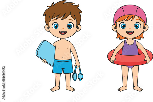 Cute Kids in Swimwear with Pool Accessories Cartoon Illustration