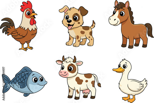 Cute Farm Animals Cartoon Set with Chicken Dog Horse Cow Duck and Fish