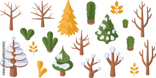Winter trees and plants isometric set, flat vector illustration of snowy forest elements isolated on white background