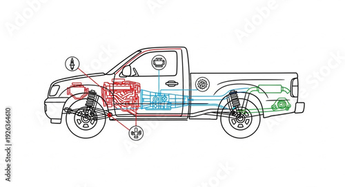 Pickup Truck Parts Diagram Illustration.