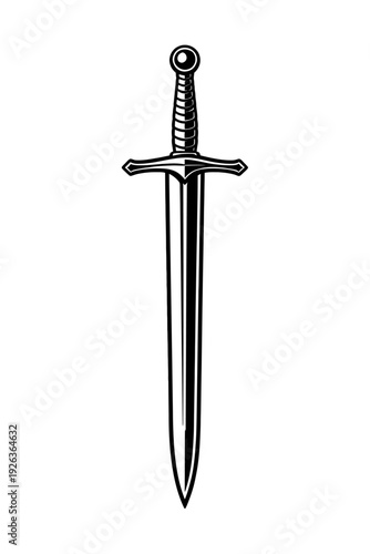 Medieval broadsword vector illustration, featuring a classic black and white design. A powerful emblem symbolizing strength, honor, and chivalry, perfect for fantasy and historical projects.