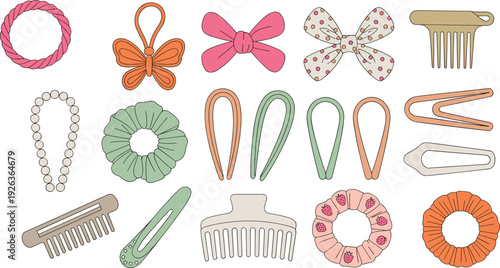 Hair accessories collection vector illustration, scrunchies bows clips combs set isolated fashion beauty styling tools decorative feminine design elements