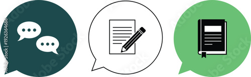 Chat and Messaging Icon Set with Speech Bubbles, Note Document, and Notebook Symbols for Communication, Feedback, and Online Conversation Vector Design