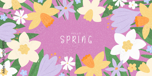 Creative background Hello Spring. Vector illustration with spring blooming flowers crocuses, daisies, narcissus. Floral background for nature-inspired design, seasonal holiday, branding, cover, card.