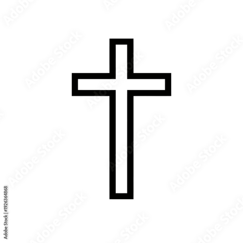 Elegant black outline Christian cross icon on a clean white background. This minimalist religious symbol embodies faith, hope, spirituality, and peace. Perfect for graphic design, church media, spirit