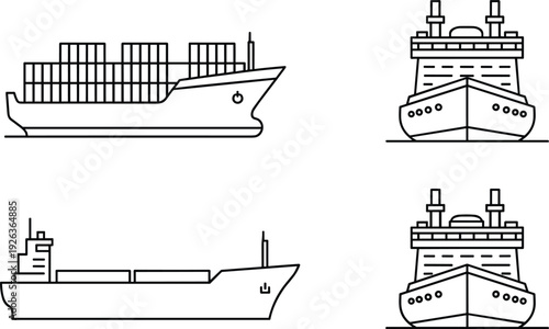 Cargo Container Ship Line Icon Set with Front and Side View Freight Vessels for Maritime Transport, Shipping Industry, and Logistics Vector Illustration