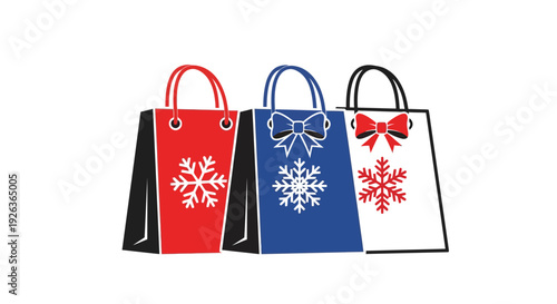 Three shopping bags with winter holiday designs in red blue and white