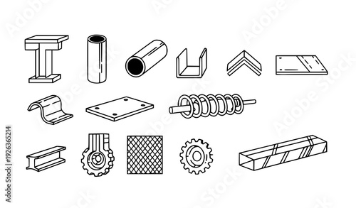 Minimal Monoline Metal Products Icons Set T-Beam Tube Gear Spring Editable Stroke Vector