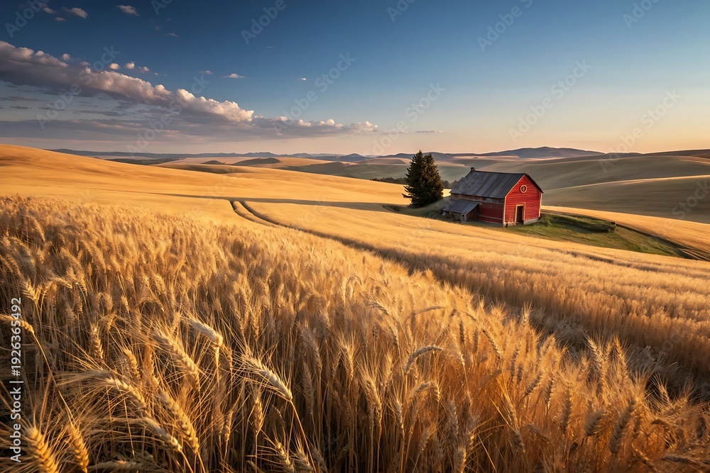 Fototapeta premium Golden Wheat Field with Red Barn and Two Evergreen Trees at Sunrise agriculture farm