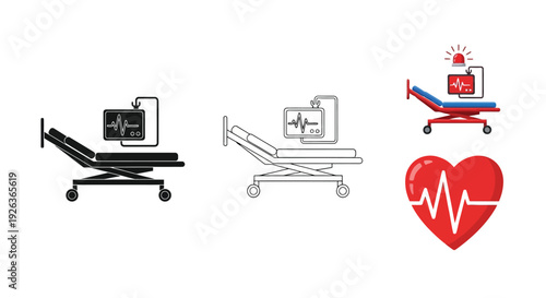 Hospital beds medical monitors and a heart with an electrocardiogram