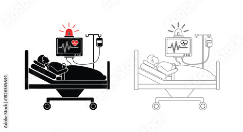 Medical equipment monitoring a patient in a hospital bed shown in two styles