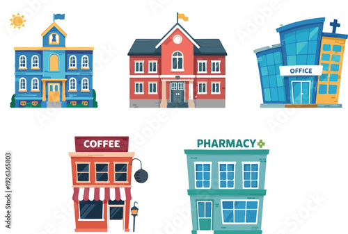 Various cartoon buildings and establishments such as coffee shop church office