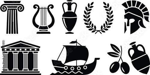 Ancient Greek symbols including column, lyre, amphora, laurel wreath, helmet, temple, ship