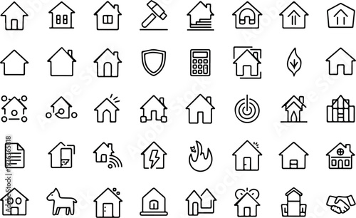 House and real estate icons with various modern line art symbols for property and home concepts