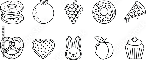 Cute Food and Sweet Snack Line Icon Set with Donut, Pizza Slice, Cupcake, Fruits, Pretzel, and Bunny Outline Vector Collection