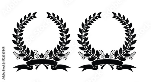 Two identical black floral wreaths with ribbons and botanical details