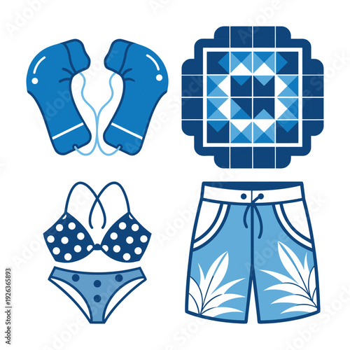 Summer Vacation Essentials: Swimsuit, Sandals, Pool Tiles and Beach Shorts Illustration