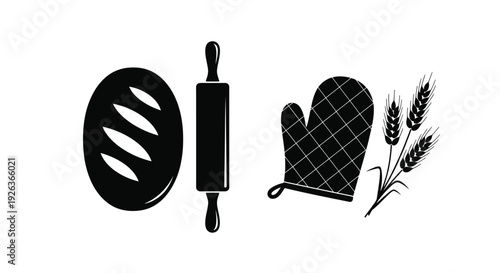 Baking icons bread rolling pin oven mitt and wheat stalks shown in black