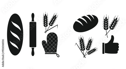 Black and white icons representing baking ingredients and tools