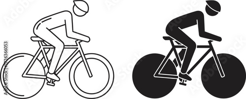 Cyclist Riding Road Bicycle Icon in Outline and Solid Style with Professional Racing Bike Silhouette Vector Illustration for Sports and Fitness Design