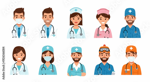 Set of smiling doctors, nurses and paramedics. Portraits of male and female medic workers in uniform with stethoscopes, masks and gloves. Flat cartoon vector illustration isolated on white background