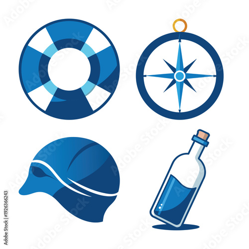 Nautical Elements Collection: Life Preserver, Compass, Swim Cap, and Message in a Bottle Illustration