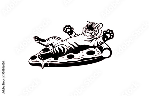 Funny Tiger on Pizza Pool Float Sticker Silhouette. Quirky Surreal Silliness and Humorous Character Design Vector.
