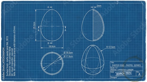Blueprint technical drawing of egg shapes with measurements on grid paper