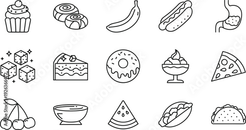 Food and Dessert Line Icon Set with Cupcake, Donut, Pizza, Taco, Fruits, Hotdog, Cake, and Sweet Snacks Outline Vector Collection