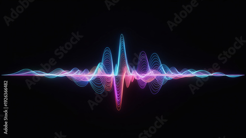 Bright neon audio waveform with shifting colors and intricate lines on a black backdrop