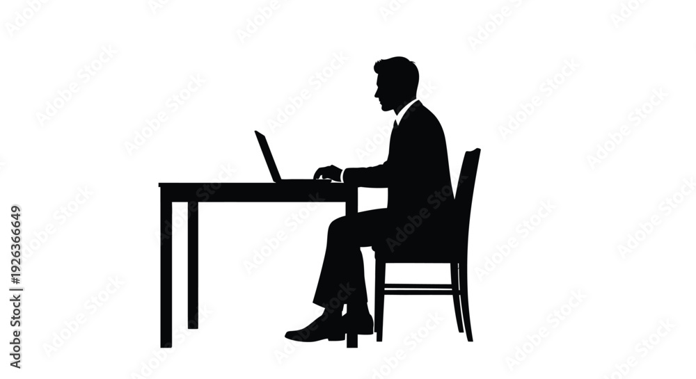 Fototapeta premium Silhouette of a businessman working on a laptop at a desk