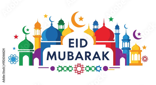 Eid mubarak greeting with colorful islamic architecture and crescent moons