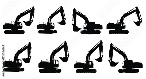 Silhouettes of excavators in various operational poses against white background